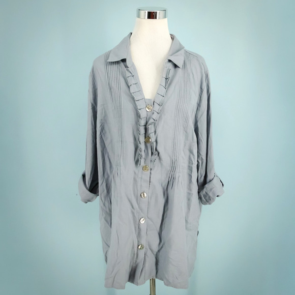 Soft Surroundings Plus Size 1X Gray Ruffle Pleated Button Linen Blend Tunic Top - Picture 1 of 6